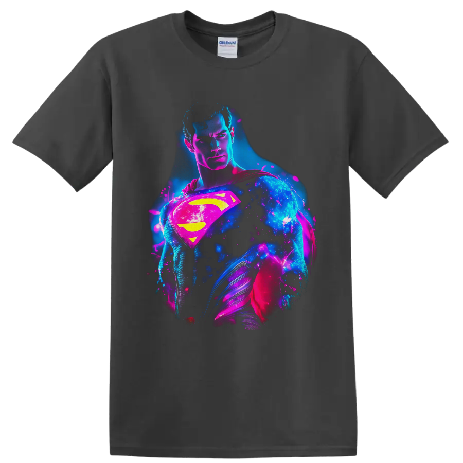 Superman Clark Kent neon cosmic portrait with glowing shield, cape, and splatter art on a Charcoal T Shirt