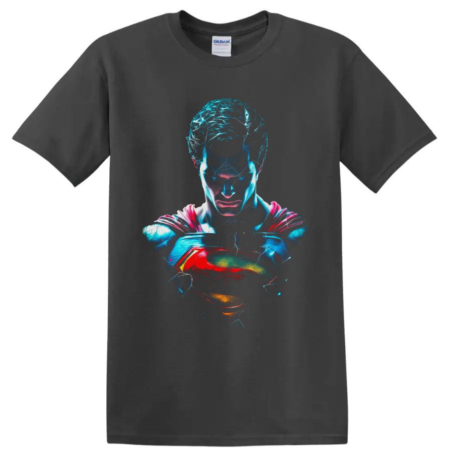Superman Man of Steel neon portrait with electric cracks and red-and-gold chest emblem on a Charcoal T Shirt