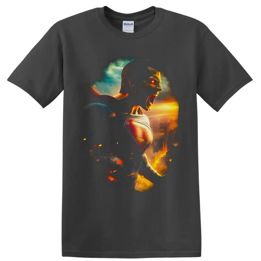 Superman Clark Kent cinematic fiery city battle artwork with glowing red eyes on a Charcoal T Shirt