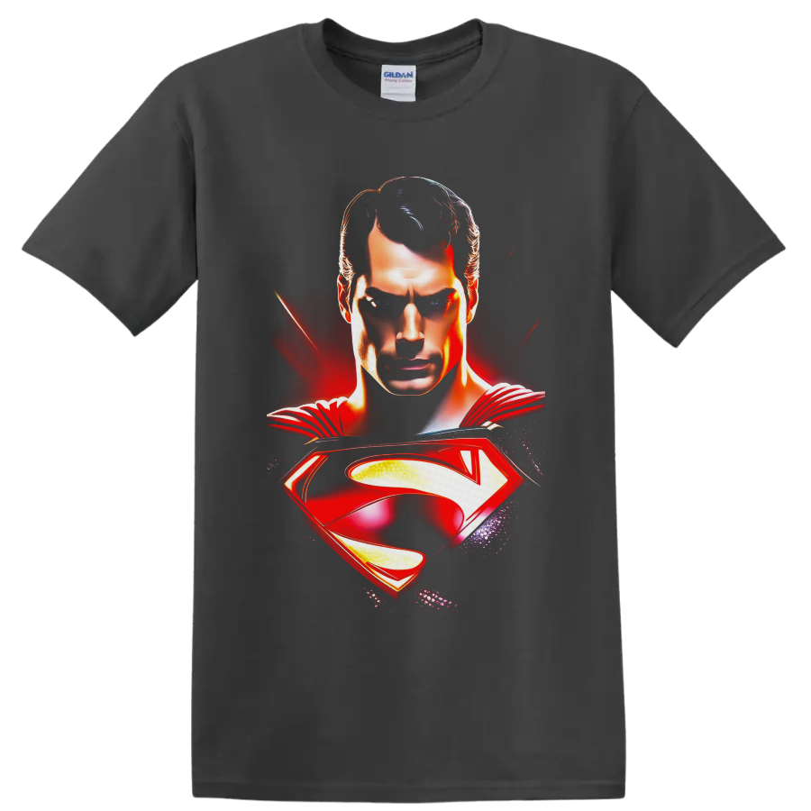 Superman Clark Kent portrait with red cape and glowing shield emblem comic artwork on a Charcoal T Shirt