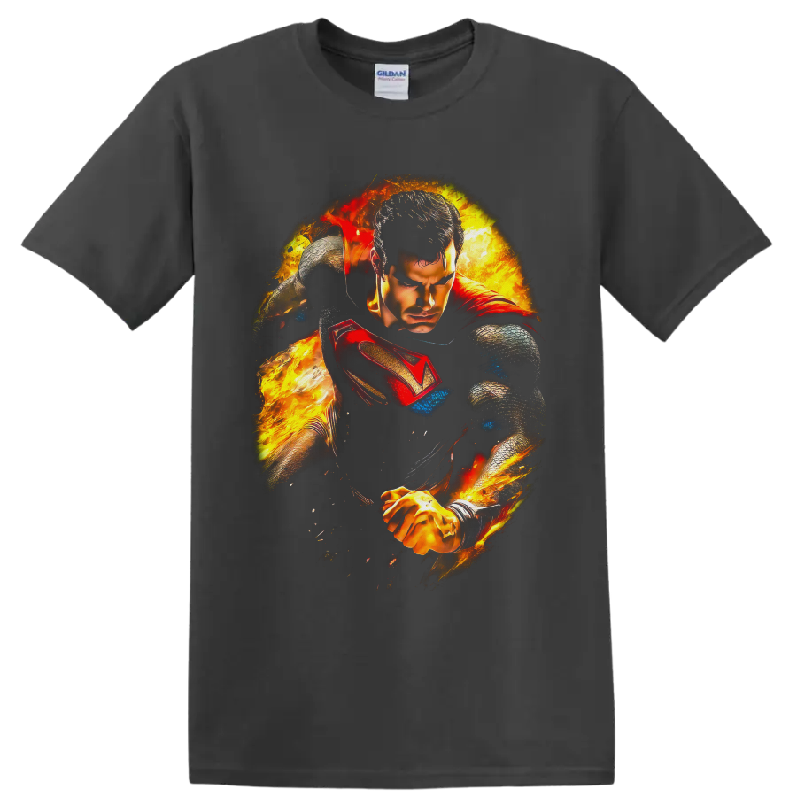 Superman as Clark Kent in fiery comic-style action art with red cape and shield on a Charcoal T Shirt