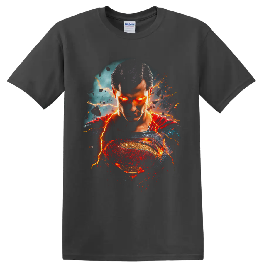 Superman portrait with glowing eyes, lightning, red cape, and fiery hero emblem on a Charcoal T Shirt
