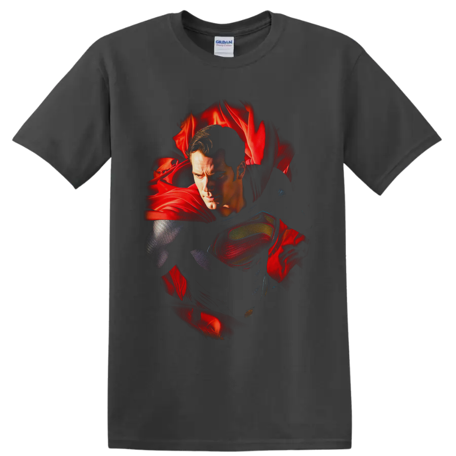 Superman portrait with red cape and chest emblem in Alex Ross-inspired comic art on a Charcoal T Shirt