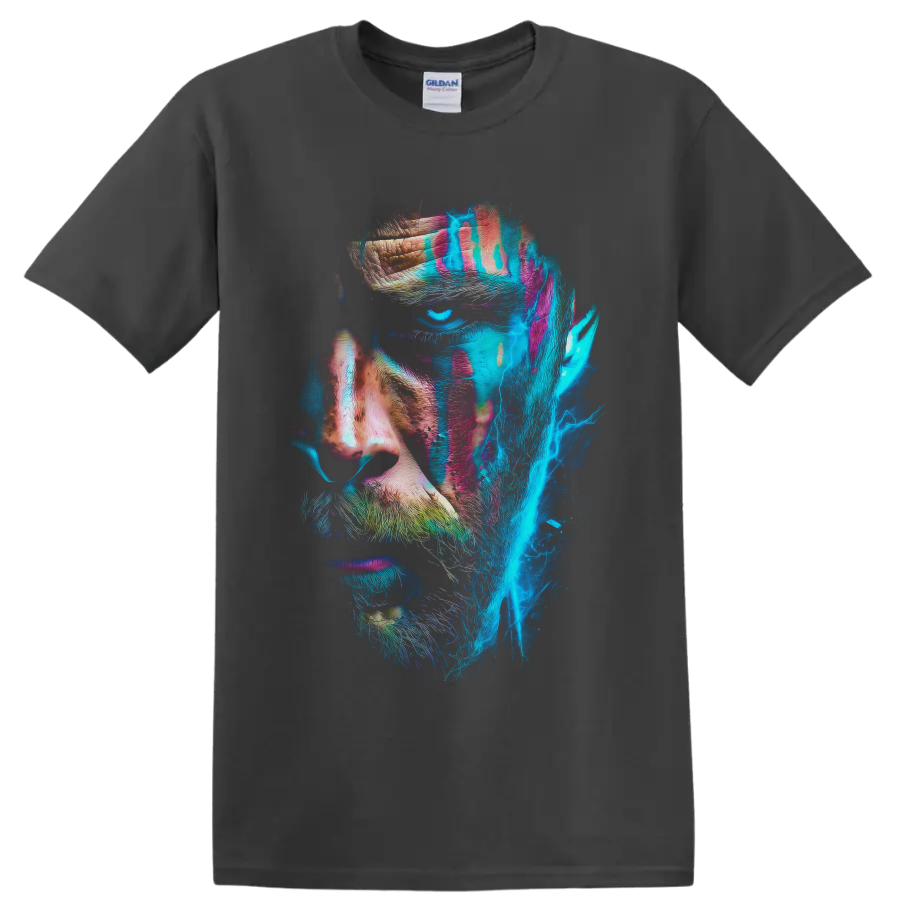 Kratos neon warrior portrait with cyan lightning and distressed paint textures on a Charcoal T Shirt