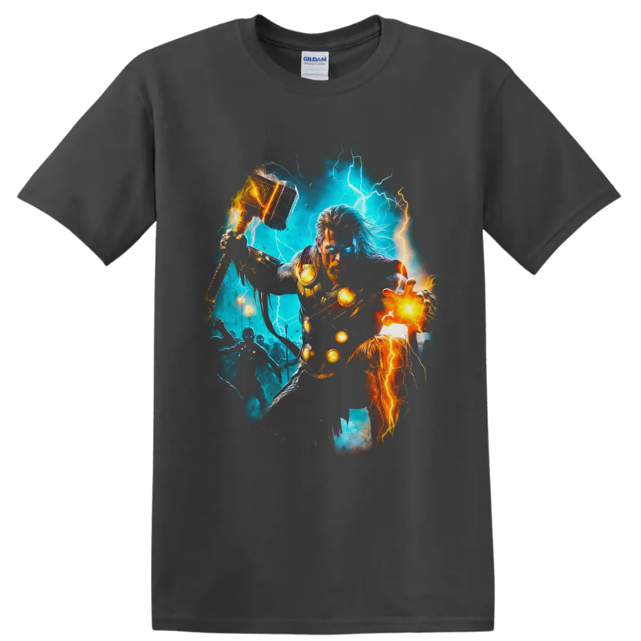 Thor and Mighty Thor comic art with lightning, glowing hammer, armor, and fiery energy on a Charcoal T Shirt