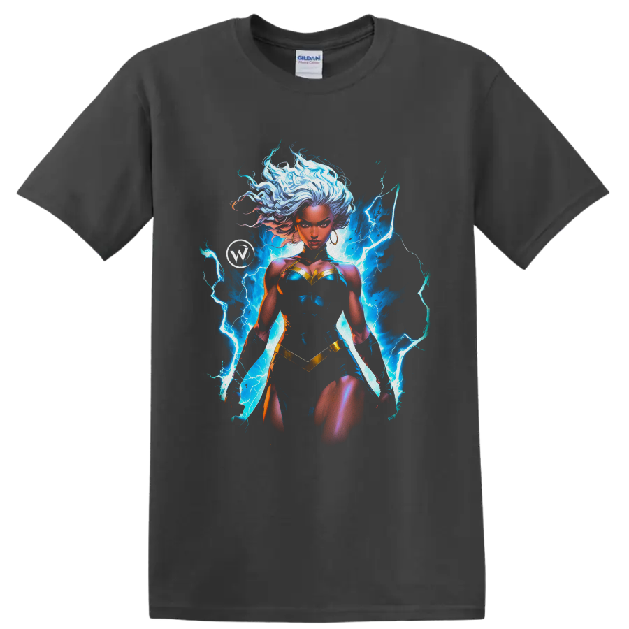 Storm superhero artwork with flowing white hair and electric-blue lightning on a Charcoal T Shirt