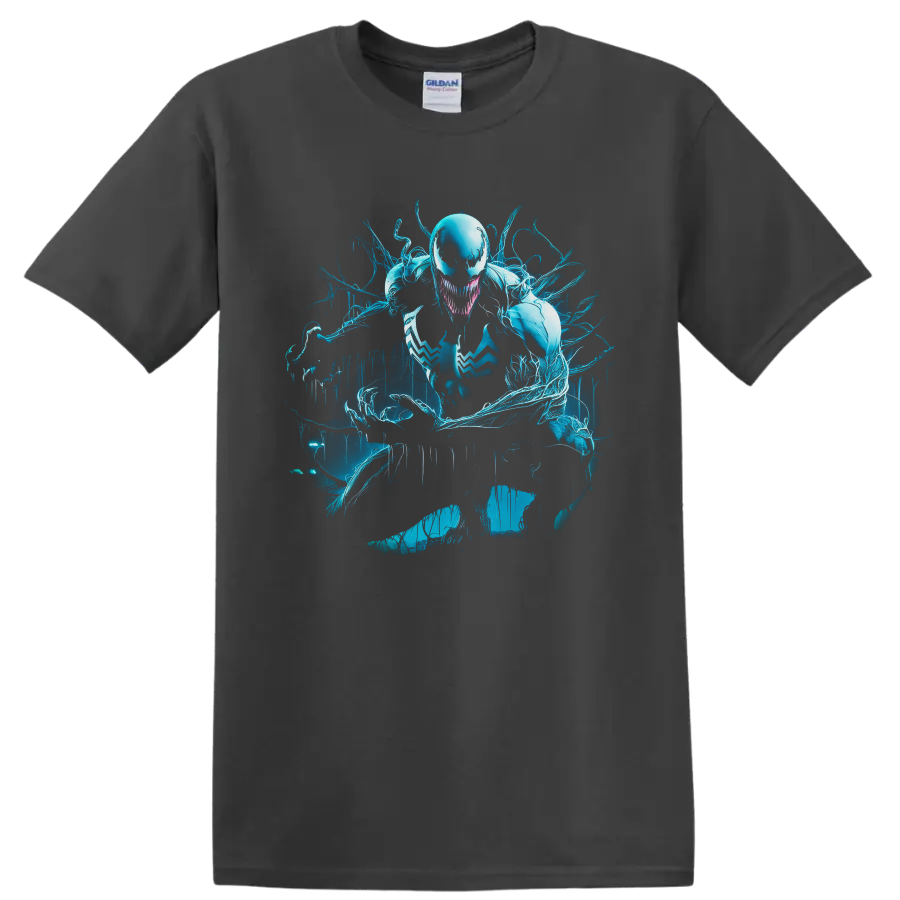 Anti-Venom symbiote with cyan tendrils in distressed comic art style on a Charcoal T Shirt