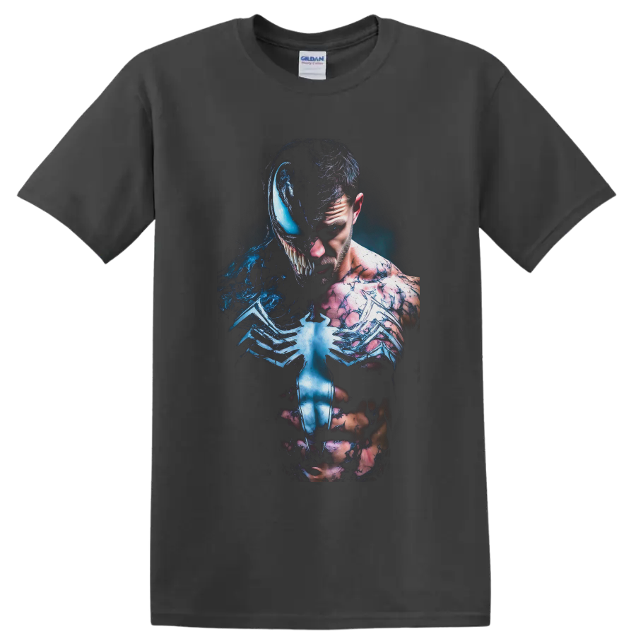 Venom and Eddie Brock split symbiote transformation in dark blue comic art on a Charcoal T Shirt