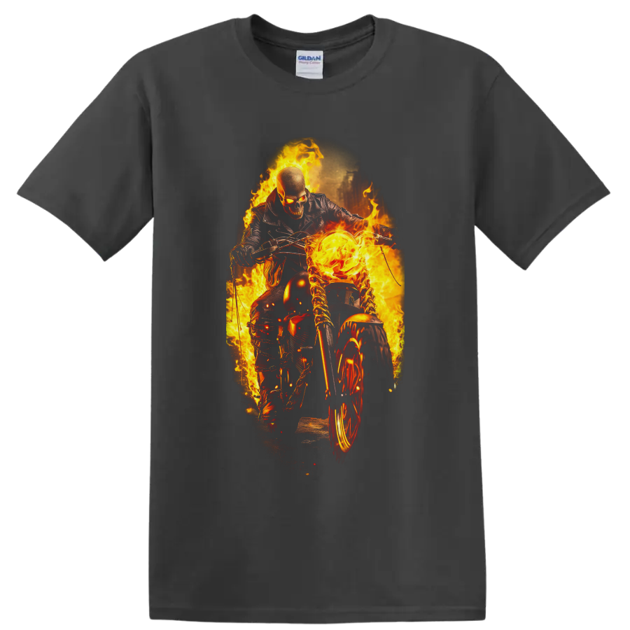 Ghost Rider on a flaming motorcycle in intense fiery comic action artwork on a Charcoal T Shirt