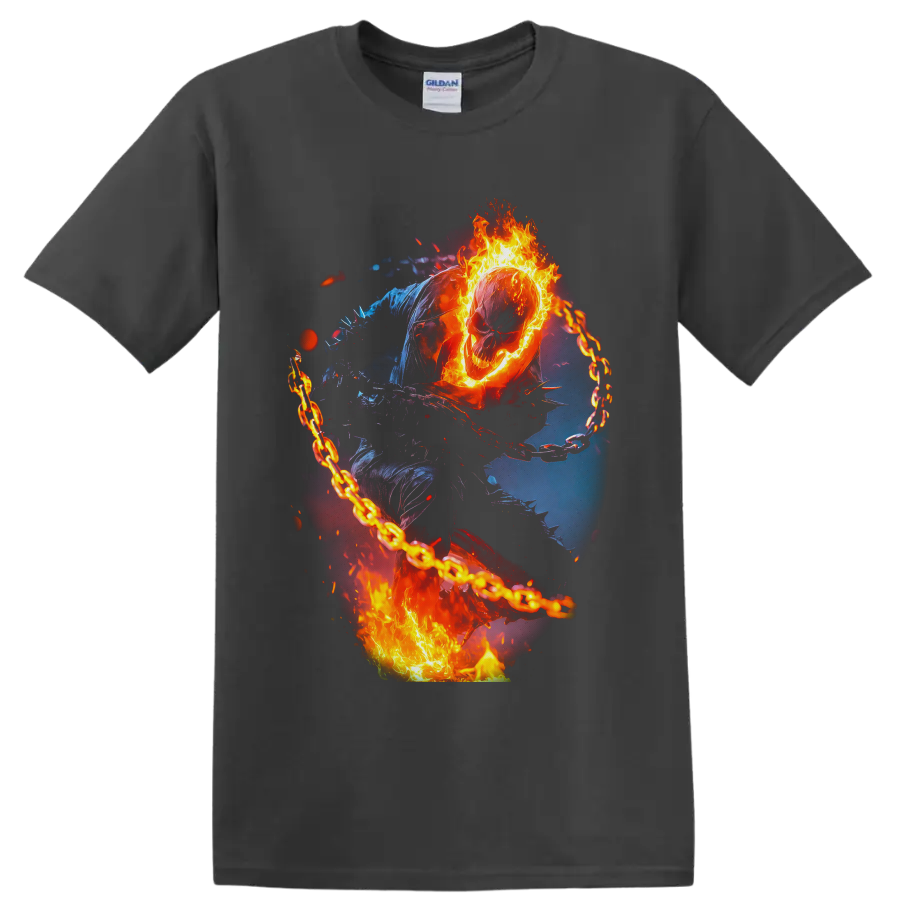 Ghost Rider flaming skull and chain in fiery comic-inspired supernatural action art on a Charcoal T Shirt