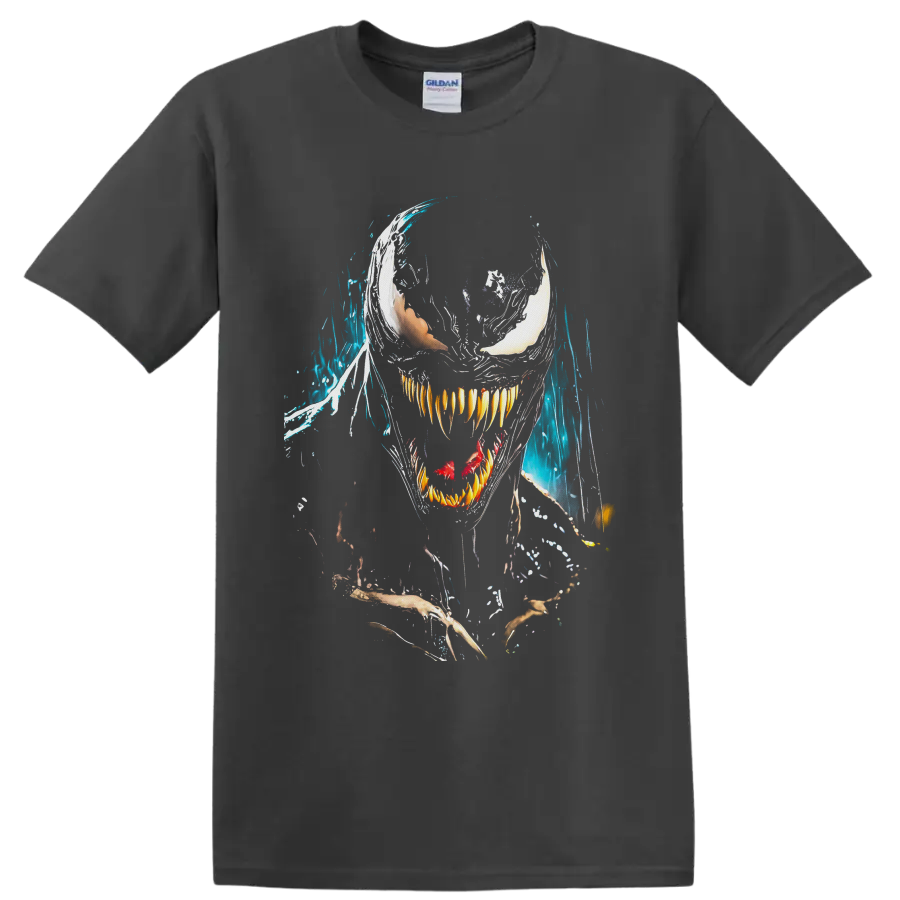 Venom symbiote face with white eyes, sharp teeth, red tongue, and blue splatter art on a Charcoal T Shirt