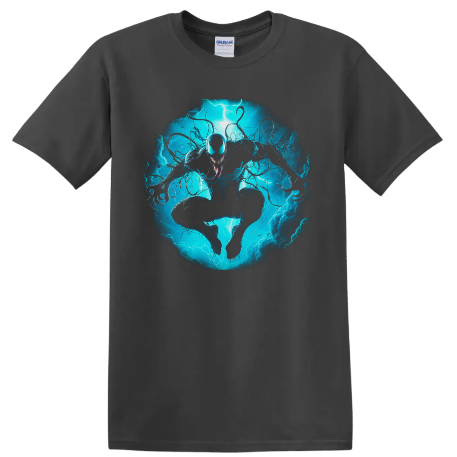 Anti-Venom symbiote lunging through electric blue lightning and swirling tendrils on a Charcoal T Shirt