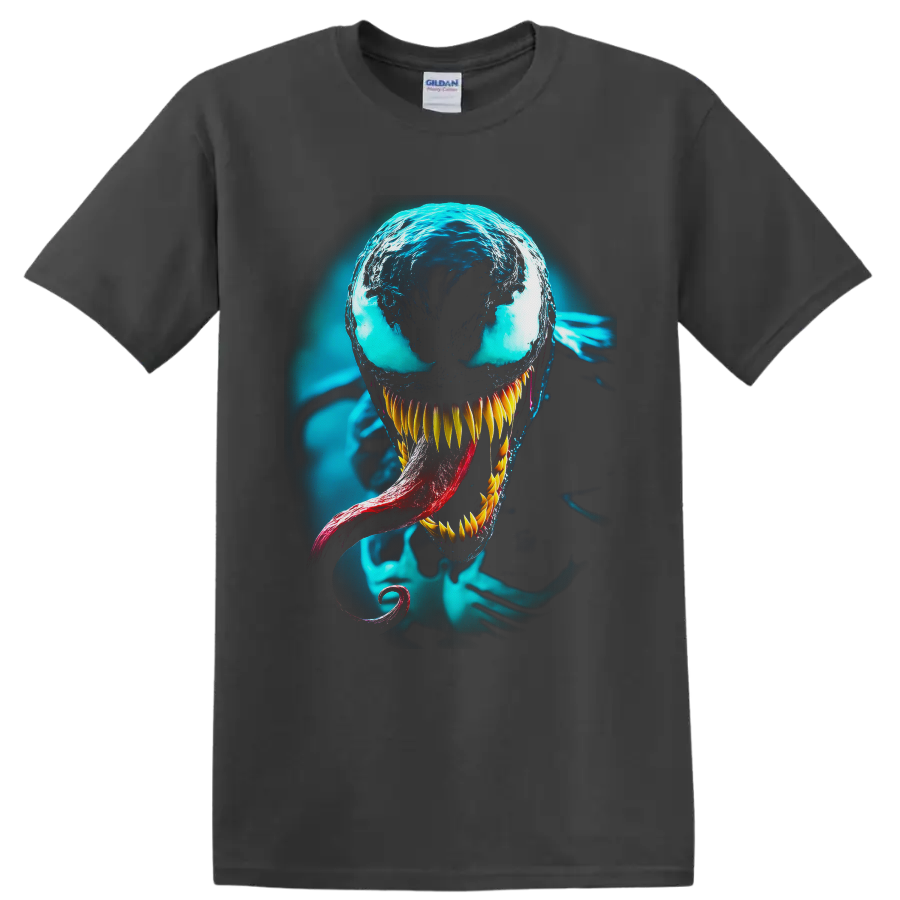 Venom symbiote portrait with cyan glow, sharp golden teeth, and red tongue on a Charcoal T Shirt