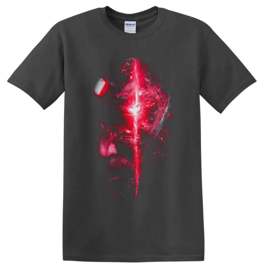 Vision abstract digital portrait with glowing forehead beam and fractured red particle on a Charcoal T Shirt
