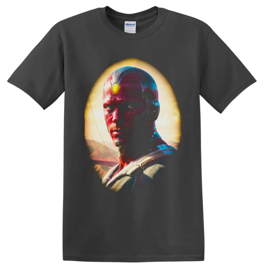 Vision portrait in metallic red and blue armor with glowing yellow forehead gem on a Charcoal T Shirt
