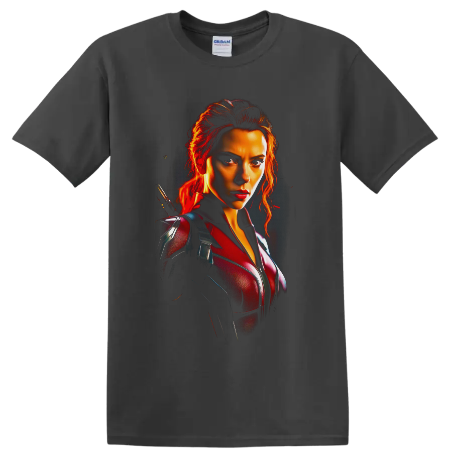 Black Widow Natasha Romanoff cinematic portrait with fiery red tactical suit on a Charcoal T Shirt
