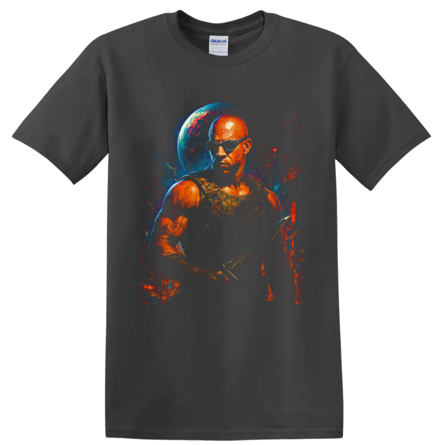 Riddick cosmic warrior portrait with goggles, blade, blue planet, and painted space on a Charcoal T Shirt