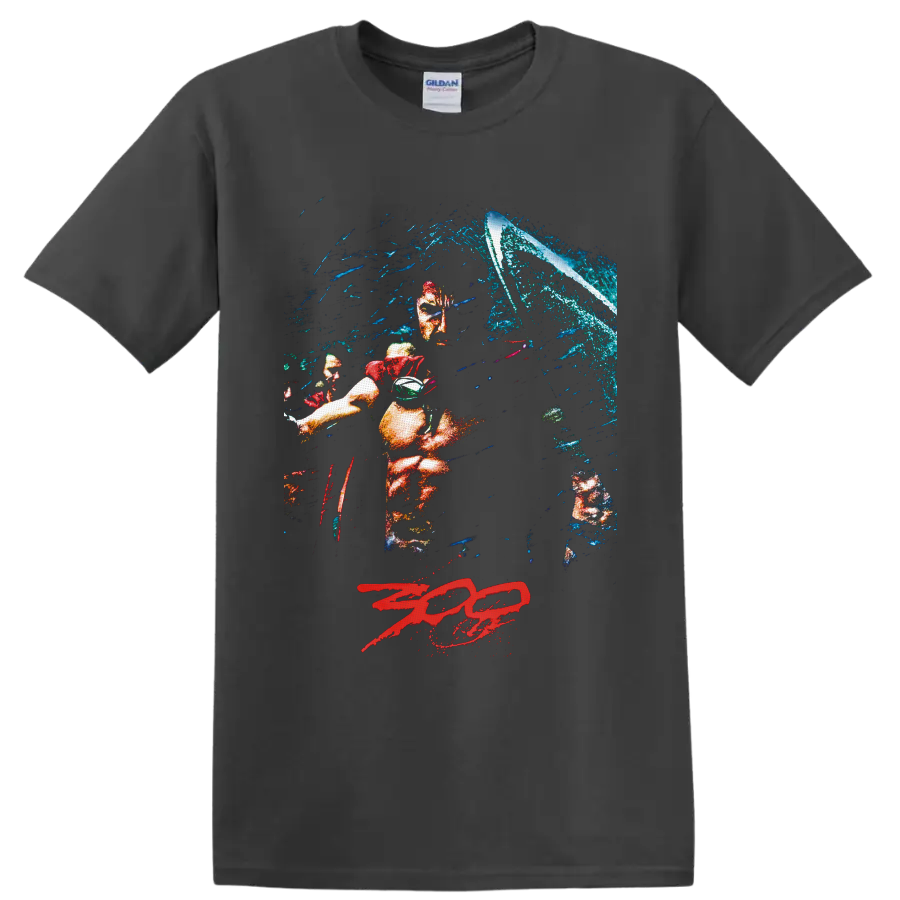 Leonidas Spartan warrior battle scene with shield, crashing wave, and red 300 logo on a Charcoal T Shirt