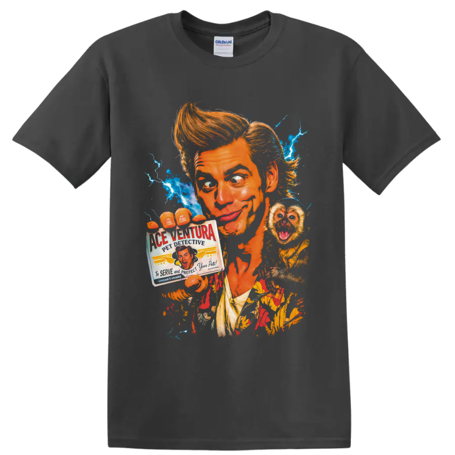 Ace Ventura retro portrait with monkey, detective credential, and blue lightning on a Charcoal T Shirt