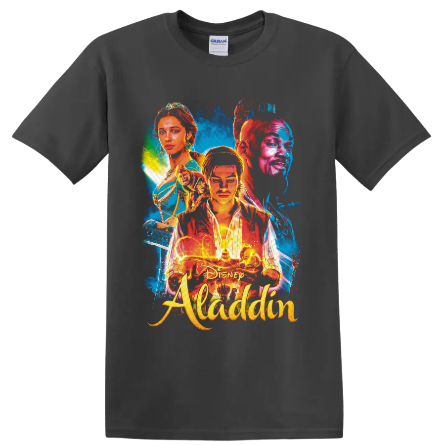 Aladdin, Jasmine and Genie neon portrait with magic lamp and flying carpet on a Charcoal T Shirt