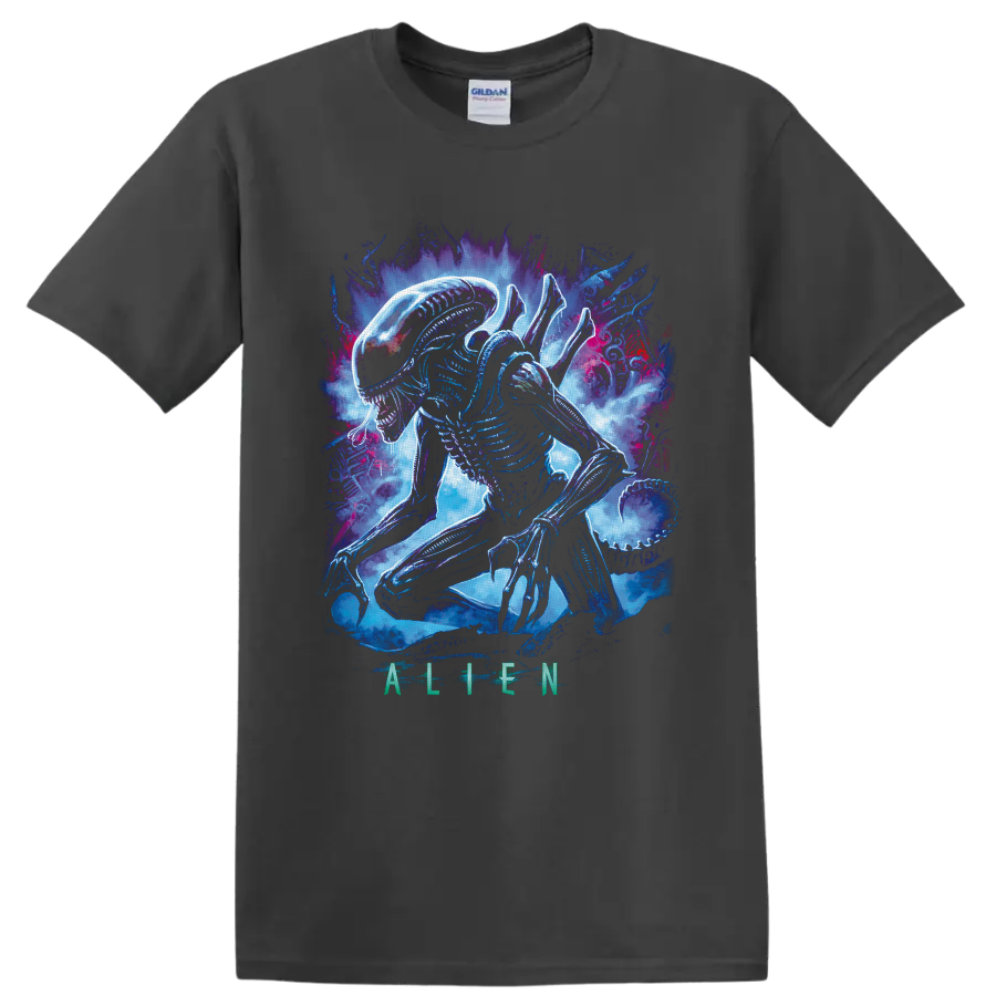 Neon Xenomorph from Alien crouching amid blue, purple, and magenta cosmic smoke on a Charcoal T Shirt