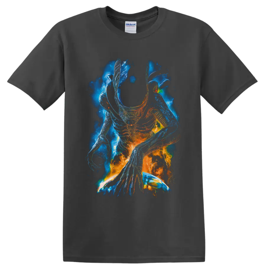 Surreal neon Xenomorph from Alien with blue and orange biomechanical linework on a Charcoal T Shirt