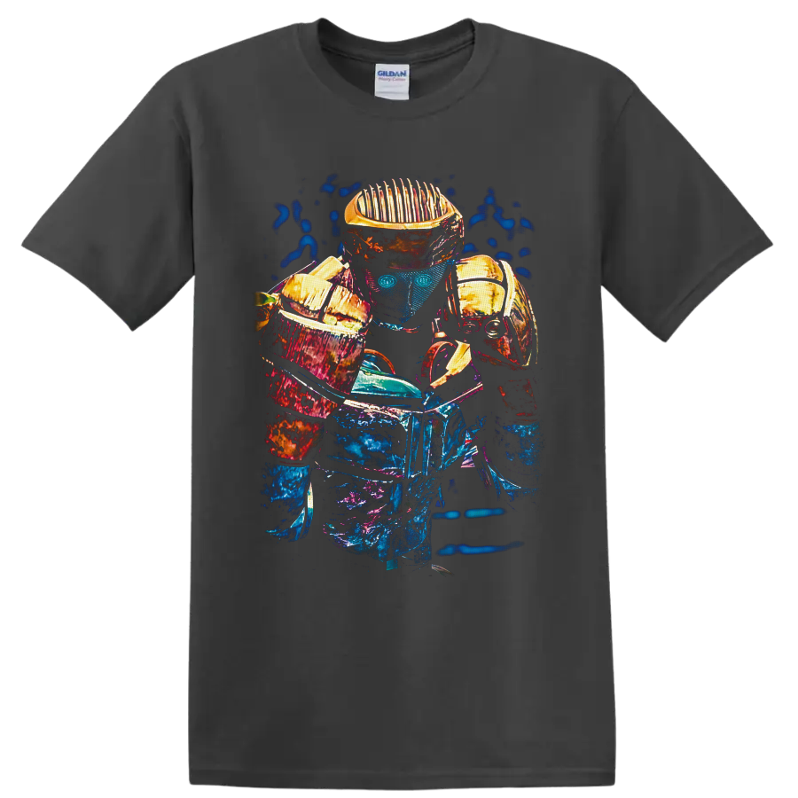 Atom from Real Steel robot boxer in neon blue, magenta, and gold sci-fi graphic art on a Charcoal T Shirt