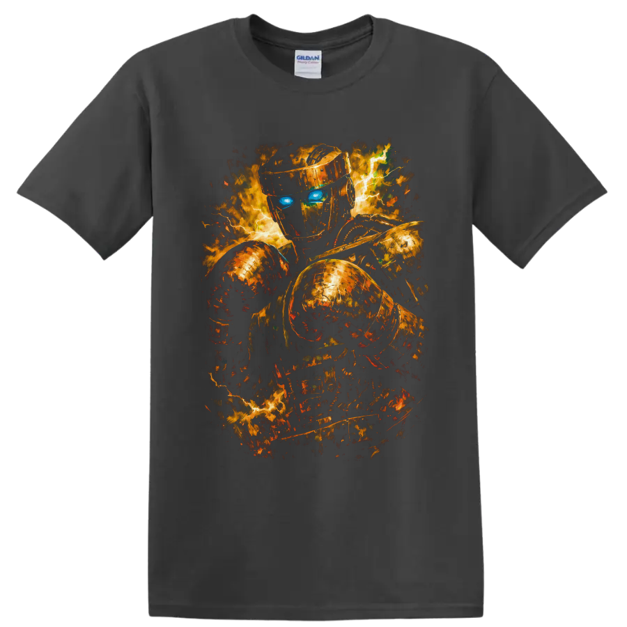 Atom from Real Steel in fiery metallic robot boxing action art with glowing blue eyes on a Charcoal T Shirt