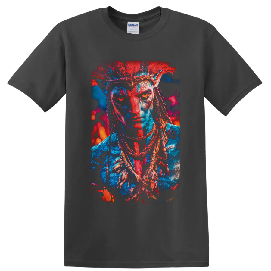 Neon Avatar Na'vi warrior portrait with red feather headdress and braided hair on a Charcoal T Shirt