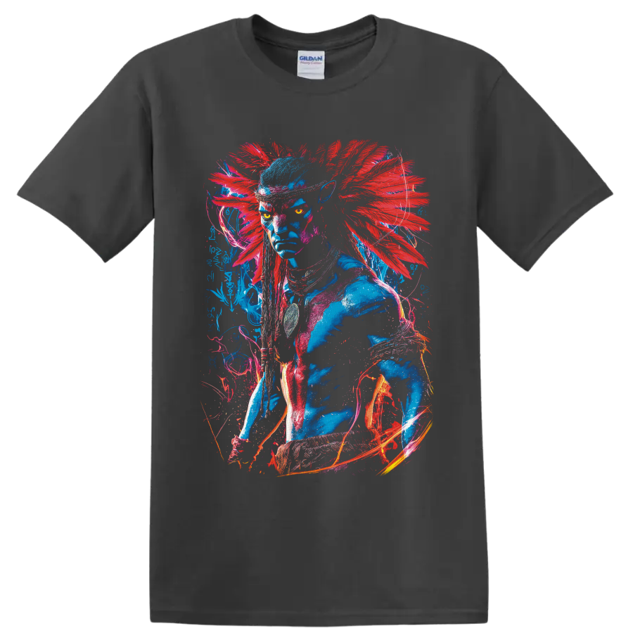Neytiri Avatar neon warrior portrait with red feather-like accents and glowing linework on a Charcoal T Shirt