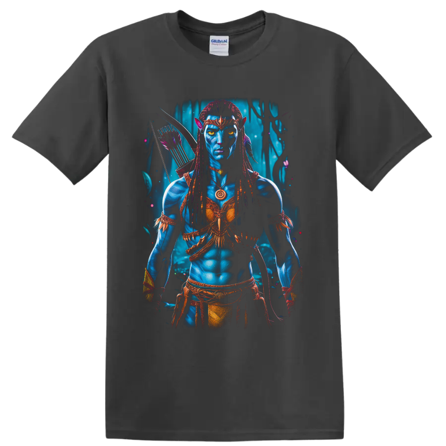 Neytiri Avatar Na'vi warrior archer portrait with glowing forest backdrop on a Charcoal T Shirt