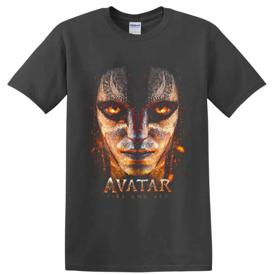 Varang fiery-eyed distressed portrait with Avatar Fire and Ash lettering on a Charcoal T Shirt