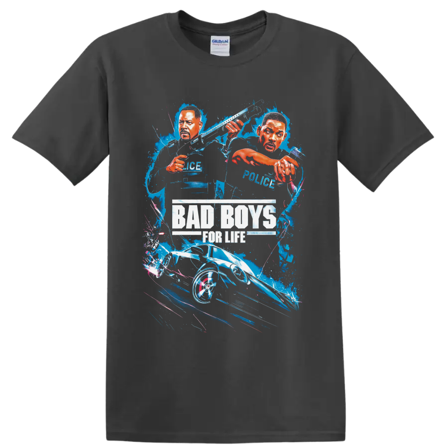 Bad Boys for Life illustrated Will Smith and Martin Lawrence police car splash graphic on a Charcoal T Shirt