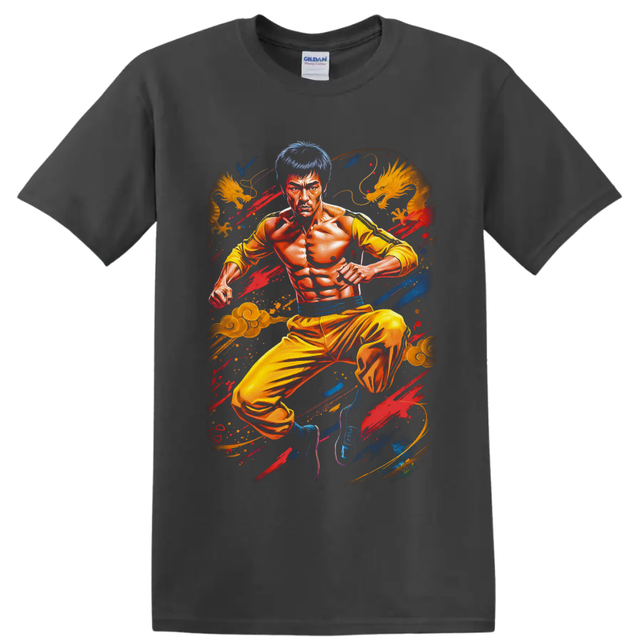 Bruce Lee Game of Death yellow jumpsuit fighter with dragons and colorful brushstrokes on a Charcoal T Shirt