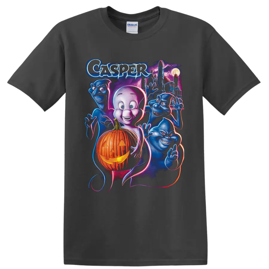 Casper the Friendly Ghost neon art with pumpkin, blue ghosts, moonlit castle, and moon on a Charcoal T Shirt