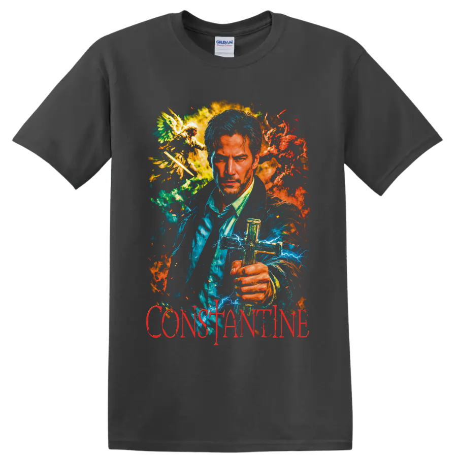 John Constantine portrait with blue lightning, flames, winged figures, and red on a Charcoal T Shirt