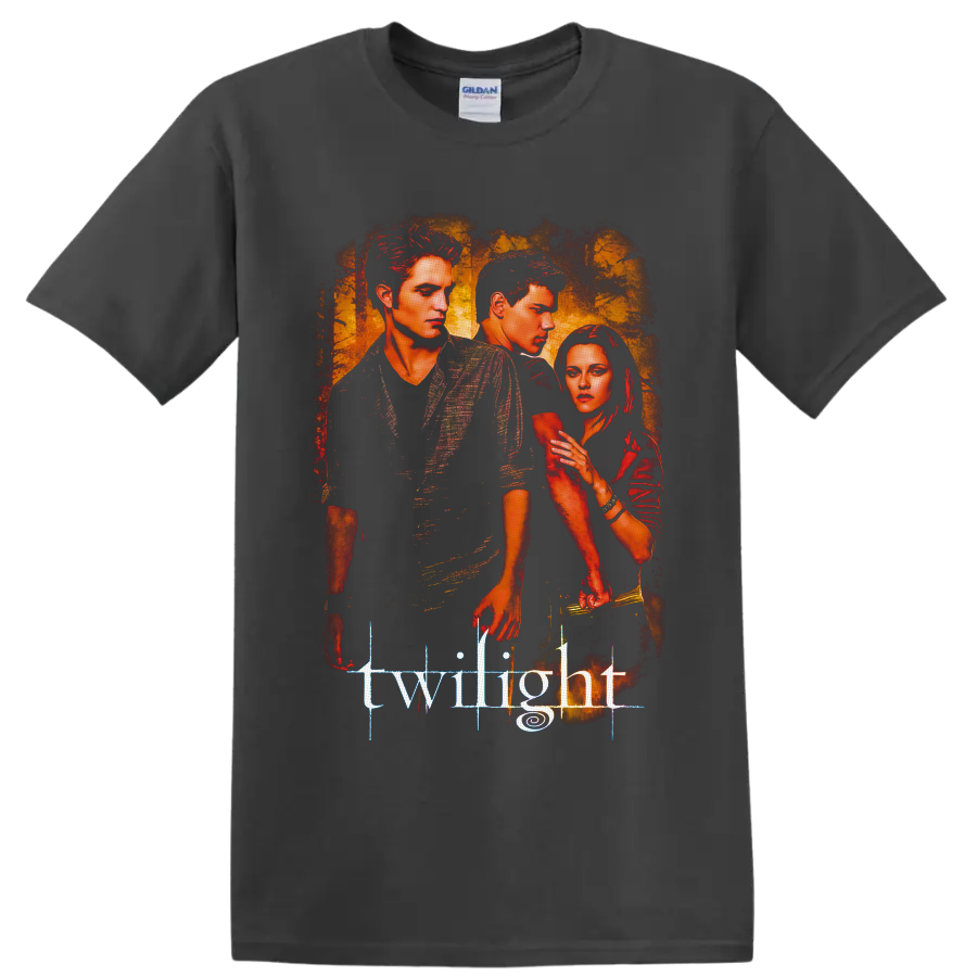 Twilight portrait graphic of Edward Cullen, Jacob Black, and Bella Swan on a Charcoal T Shirt