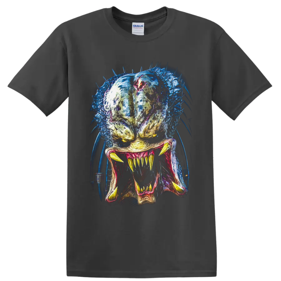 Predator alien hunter portrait with fangs, blue tendrils, and red forehead detail on a Charcoal T Shirt