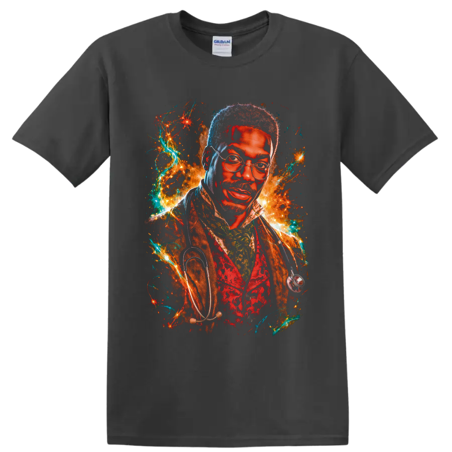 Dr. Dolittle fantasy doctor portrait with glasses, stethoscope, sparks, and teal energy on a Charcoal T Shirt