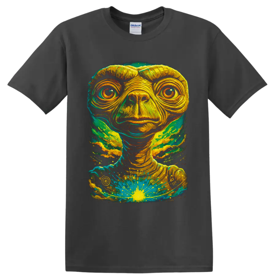 E.T. psychedelic portrait with teal, yellow, and green cosmic paint splashes on a Charcoal T Shirt