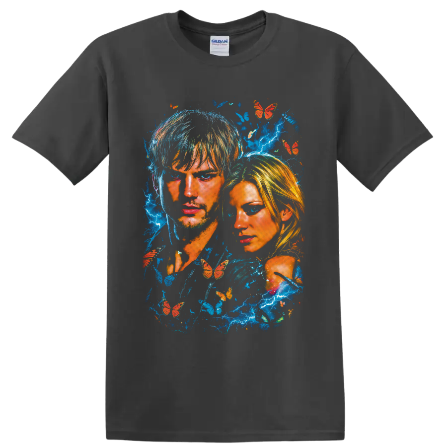 The Butterfly Effect dual portrait with blue lightning and orange butterflies on a Charcoal T Shirt