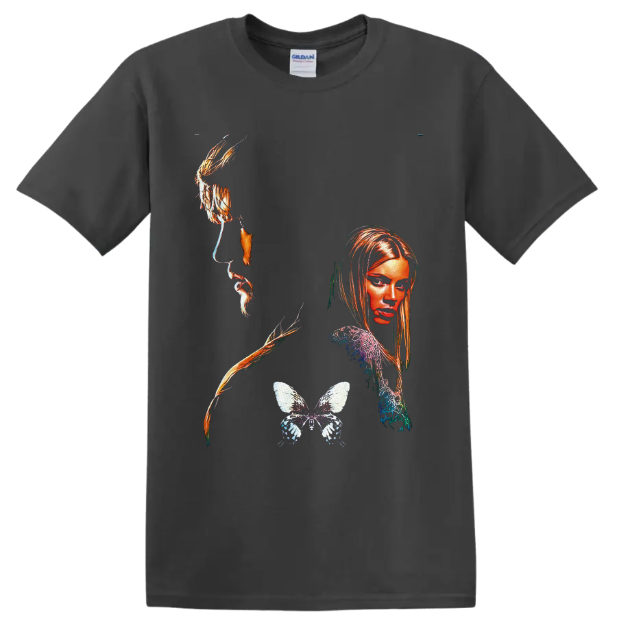 The Butterfly Effect surreal woman portrait with flowing strands and detailed butterfly on a Charcoal T Shirt