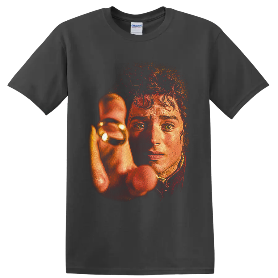 Frodo Baggins holding the One Ring in fiery painterly fantasy portrait art on a Charcoal T Shirt