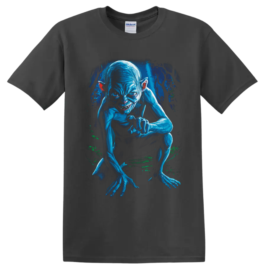 Gollum crouching in a shadowy forest, rendered in vivid blue dark fantasy art on a Charcoal T Shirt
