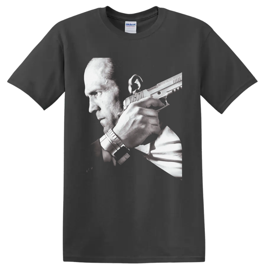 Jason Statham as Frank Martin in Transporter 3 grayscale action portrait on a Charcoal T Shirt