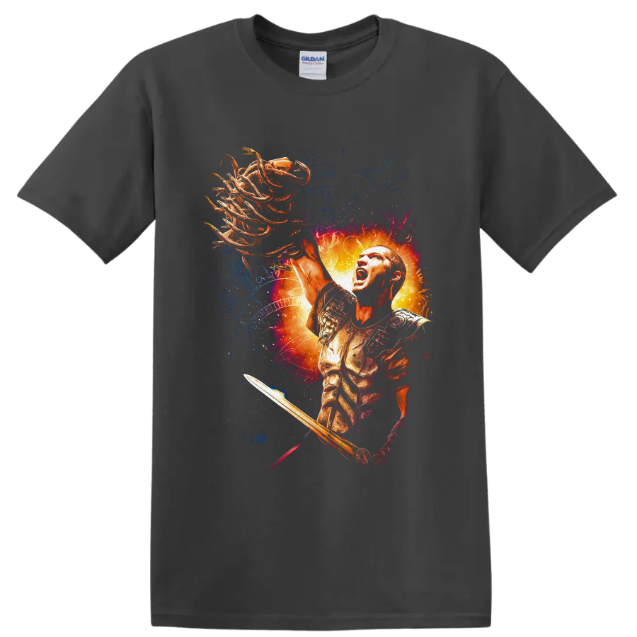Perseus holding Medusa's serpent-haired head in fiery Greek mythology fantasy art on a Charcoal T Shirt