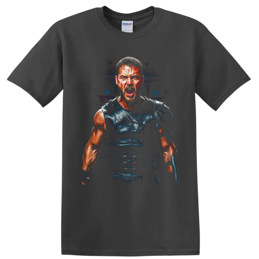 Maximus Decimus Meridius roaring in Roman armor with a shadowy arena backdrop on a Charcoal T Shirt