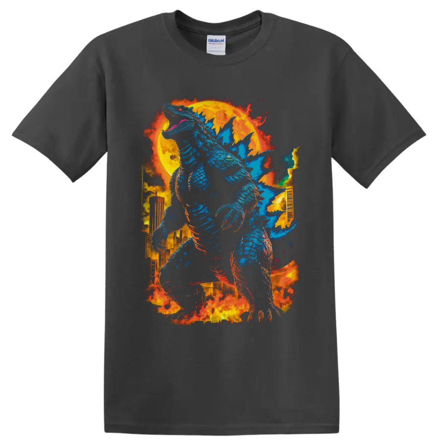 Godzilla blue kaiju towering over a burning city beneath a blazing moon on a Charcoal T Shirt