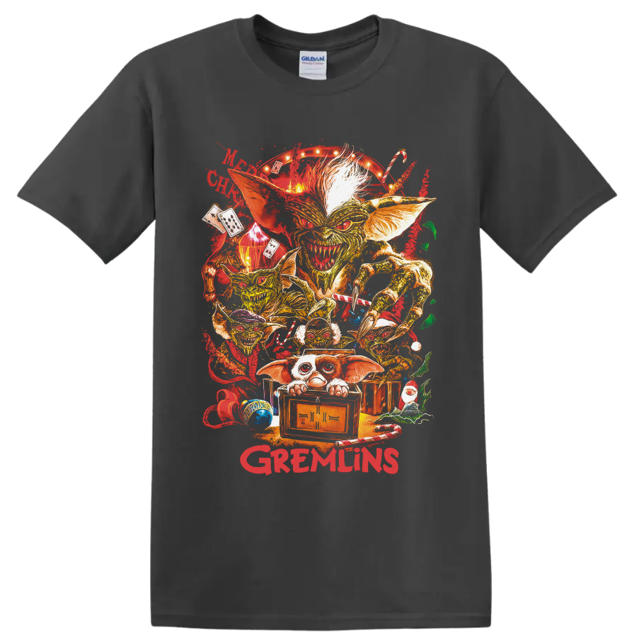 Gizmo Gremlins Christmas collage with Mogwai, creatures, candy canes, and crate on a Charcoal T Shirt