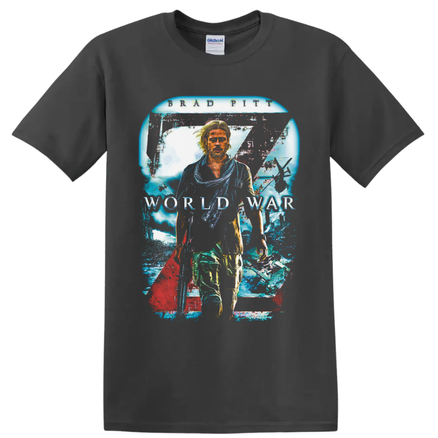 Jerry Lane World War Z distressed collage with aircraft, infected crowd, and movie text on a Charcoal T Shirt